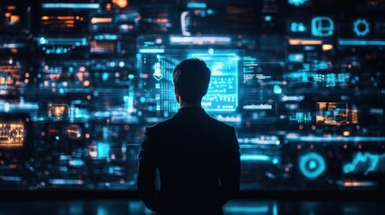 Silhouette of a Person in Front of a Futuristic Interface