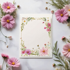 Elegant blank wedding card with floral accents.
