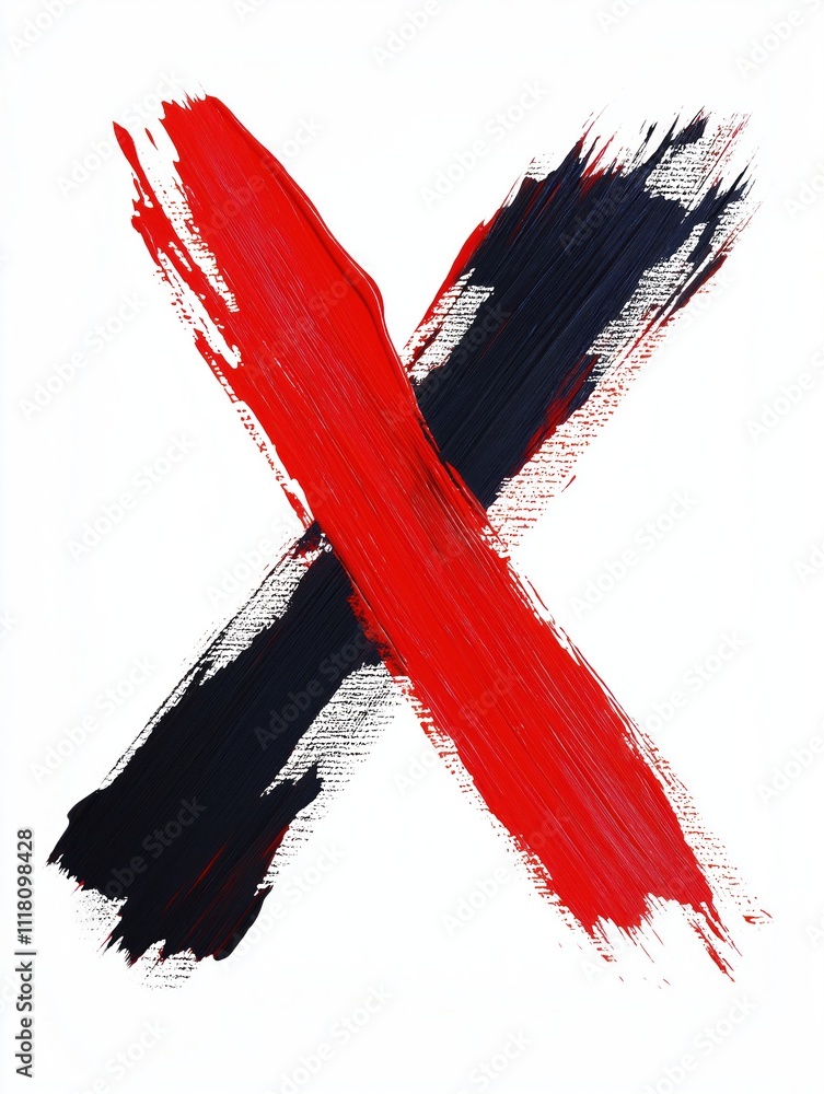Poster red and black paint splashes create an x shape on a white background. intense colors and dynamic bru