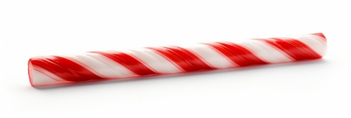 A detailed close-up photograph of a single striped red and white candy cane lying on a clean, bright surface, highlighting its glossy texture and vivid colors.