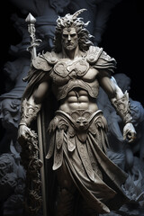 Obraz premium Greek god, muscular, in rays around him, long hair and long beard zeus, power, strength, statue, sculpture, ancient. 3D rendering character design cartoon illustration.