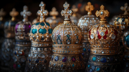 Close up of Reyes Magos ceremonial scepters with copy space concept as Detailed close up of Reyes Magos ceremonial scepters highlighting their ornate designs and symbolic significance perfect for maga
