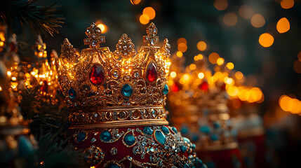 Close up of Reyes Magos ceremonial scepters with copy space concept as Detailed close up of Reyes Magos ceremonial scepters highlighting their ornate designs and symbolic significance perfect for maga