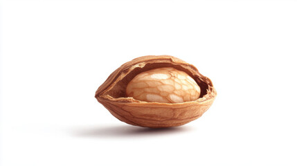 Close-up of a half-open walnut shell revealing the textured nut inside, isolated on a clean white background.