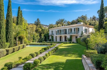 A modern villa, with a white exterior and large windows, glass walls overlooking lush greenery and clear blue skies