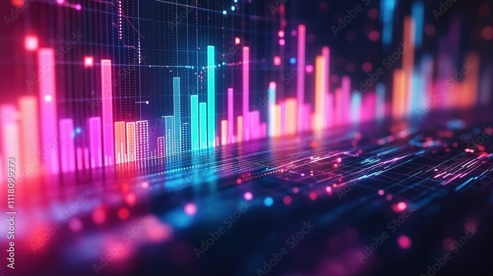Poster abstract glowing financial graph shows market data trends. colorful bars, lines represent analysis, 