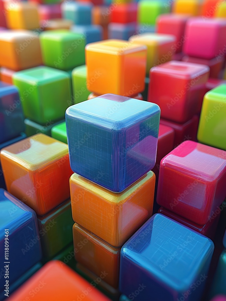 Poster colorful cubes in various vibrant hues create 3d design. stacks of blocks form abstract pattern. geo