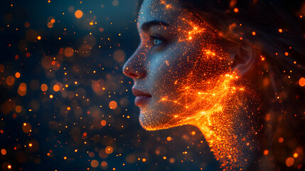 Obraz premium Close up Portrait of Community Manager Face with Digital Communication Tools concept as Close up portrait of community manager face using digital communication tools engaged expression modern technolo