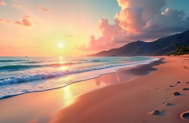 Serene dawn at tranquil beach. Gentle ocean waves caress soft sand shore. Sunrise paints sky with soft colors. Peaceful scene ideal for relaxation. Coastal serenity, morning peace. Quiet beach at