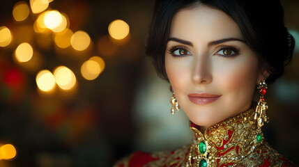 Fototapeta premium Close up portrait of Reyes Magos with festive makeup and copy space concept as Detailed close up portrait of Reyes Magos adorned with festive makeup enhancing their regal appearance and festive spirit