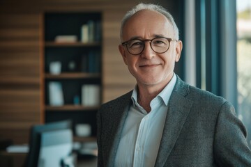 Fototapeta premium Confident mature businessman smiling at camera in stylish office setting successful ceo look