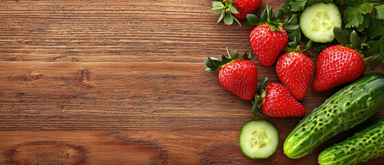 Fresh strawberries and cucumbers arranged on a rustic wooden surface, highlighting vibrant colors and natural textures.