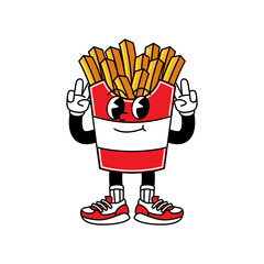French Fries retro mascot with hand and foot. French Fries and Fast Food Retro vintage mascot cartoon stickers with funny comic characters and gloved hands.
