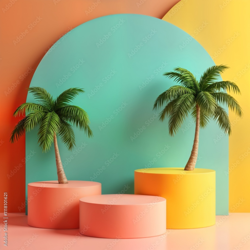 Poster colorful podiums for product display. tropical summer theme. empty platforms with palm trees. bright