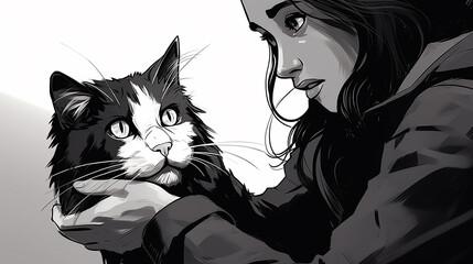 Fototapeta premium Woman saving a cat, veterinarian, apartment, black and white illustration.