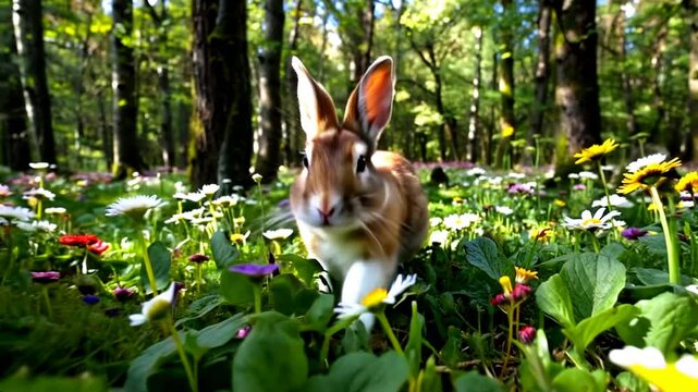 Um coelho pulando e andando na floresta
