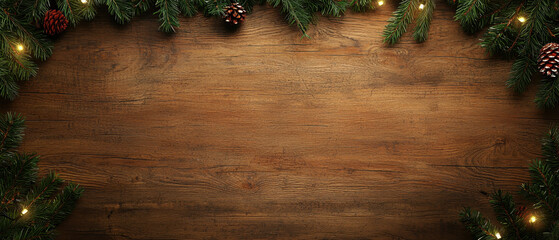 A festive wooden background adorned with lush greenery and twinkling lights, perfect for holiday-themed designs and decorations.