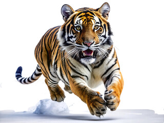 Obraz premium Tiger running isolated on white background isolated on white background as transparent. PNG. AI GENERATED