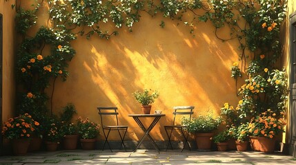A small courtyard with a yellow wall and a green wall