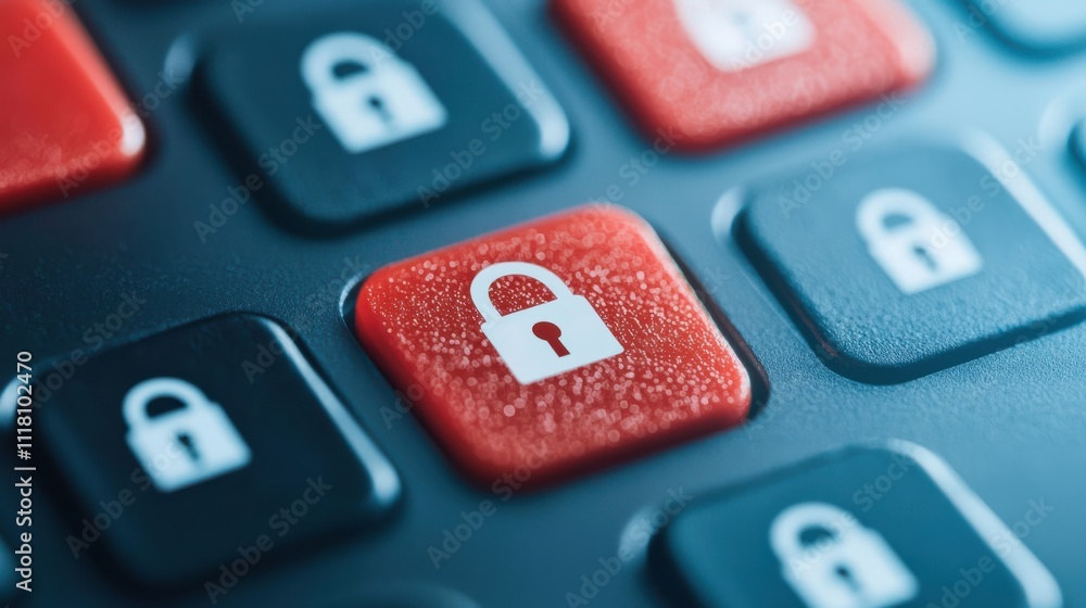 Poster close up of keyboard featuring prominent red lock key, symbolizing cybersecurity and data protection