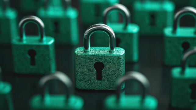 digital representation of secure green locks symbolizing network security and protection. vibrant colors and intricate textures evoke sense of safety and reliability