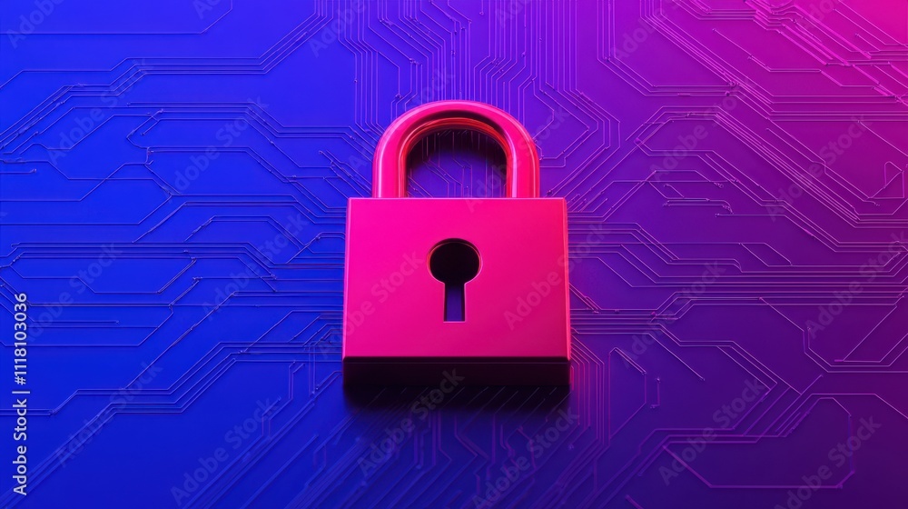 Poster digital representation of secure network featuring pink padlock on vibrant circuit background, symbo