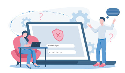 Man forgot password. Businessman enters login and password to website. Register at electronic mail or social media. Enter to profile or account. Flat vector illustration