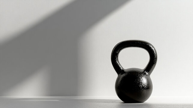 A solitary black kettlebell on a textured surface casts a dramatic shadow, highlighting its rugged texture and minimalist design in stark lighting.