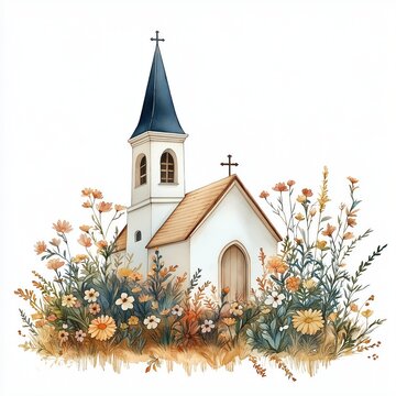 recommend clip art: Antique church surrounded by flowers. Watercolor style clip art on white background. Building light beige roof, white walls with tall dark blue steeple. Many wildflowers, plants around church.