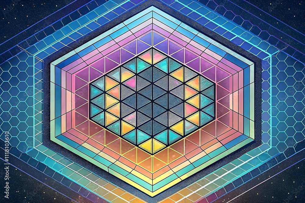 Poster geometric patterns vibrant colors hexagonal design abstract art