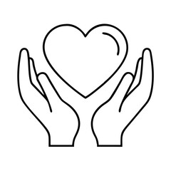 heart in hands icon, valentines day illustration, valentine icon - simple black line art of heart in hands, symbolizing valentines day celebrations. valentine vector.