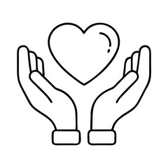 heart in hands icon, valentines day illustration, valentine icon - simple black line art of heart in hands, symbolizing valentines day celebrations. valentine vector.