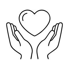 heart in hands icon, valentines day illustration, valentine icon - simple black line art of heart in hands, symbolizing valentines day celebrations. valentine vector.
