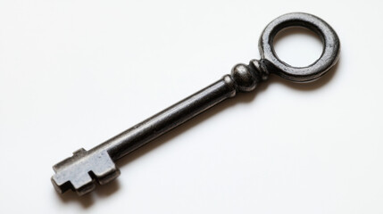 Close-up of an antique metal key on a white background, showcasing its intricate design and aged appearance.