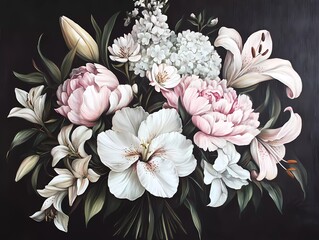 A bouquet of peonies, lilies, and hydrangeas in soft pastel colors on a black background, in a vintage style with a dark mood