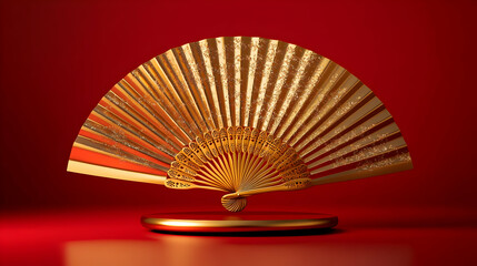 Glossy red background with a gold Chinese fan open wide and copy space below. concept as A glossy red backdrop featuring an elegant gold Chinese fan fully opened symbolizing wealth and good luck with 