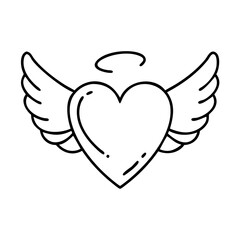 heart with wings icon, valentines day illustration, valentine icon - simple black line art of heart with wings, symbolizing valentines day celebrations. valentine vector.