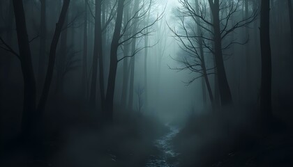Obraz premium Mysterious dark forest with fog and moonlight. 3D rendering