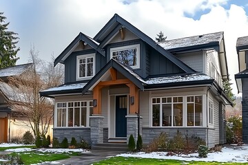 Obraz premium 3d rendering of modern cozy house in chalet style with garage. Mountain ski resort with snow. Evening with friendly cozy rays from window. With many snow on the roof and lawn. 