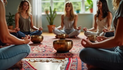 Group of women meditate in circle on rug. Practice relaxation, mindfulness. Singing bowls placed in center of circle. Indoor studio class focused on sound healing, serenity. Women students in