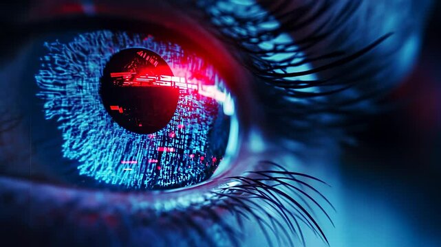 Close up of young woman with glare in her for the future. Eye, close-up, glare, future future, fantasy, man. Man with a squinting eye in the future. A close up of a lifestyle person's eye with a.