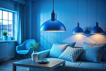 A modern living room interior design is creatively composed by incorporating glamorous blue sofa