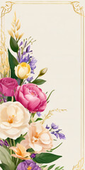 A blank wedding invitation adorned with a watercolor floral frame