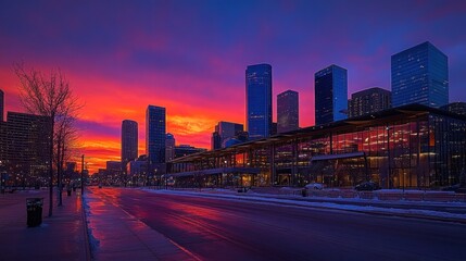 Obraz premium A vibrant sunset over a city skyline reflecting on a wet street.