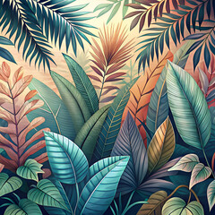 A lush jungle scene with vibrant green and orange leaves.