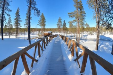 Obraz premium Wooden path in snowy forest