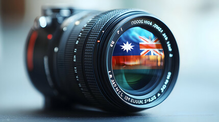 Macro Close up of Australian Flag on Camera Lens for Australia Day concept as Macro close up of Australian flag reflected on camera lens vibrant colors symbolizing photography celebration and national