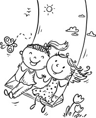 Children on swings. Hand drawn cartoon kids swinging. Doodle two girls playing outdoor. Outline vector illustration