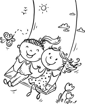 Children on swings. Hand drawn cartoon kids swinging. Doodle two girls playing outdoor. Outline vector illustration