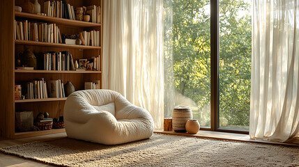 Fototapeta premium Cozy Reading Nook with Armchair and Bookshelf by a Sunlit Window
